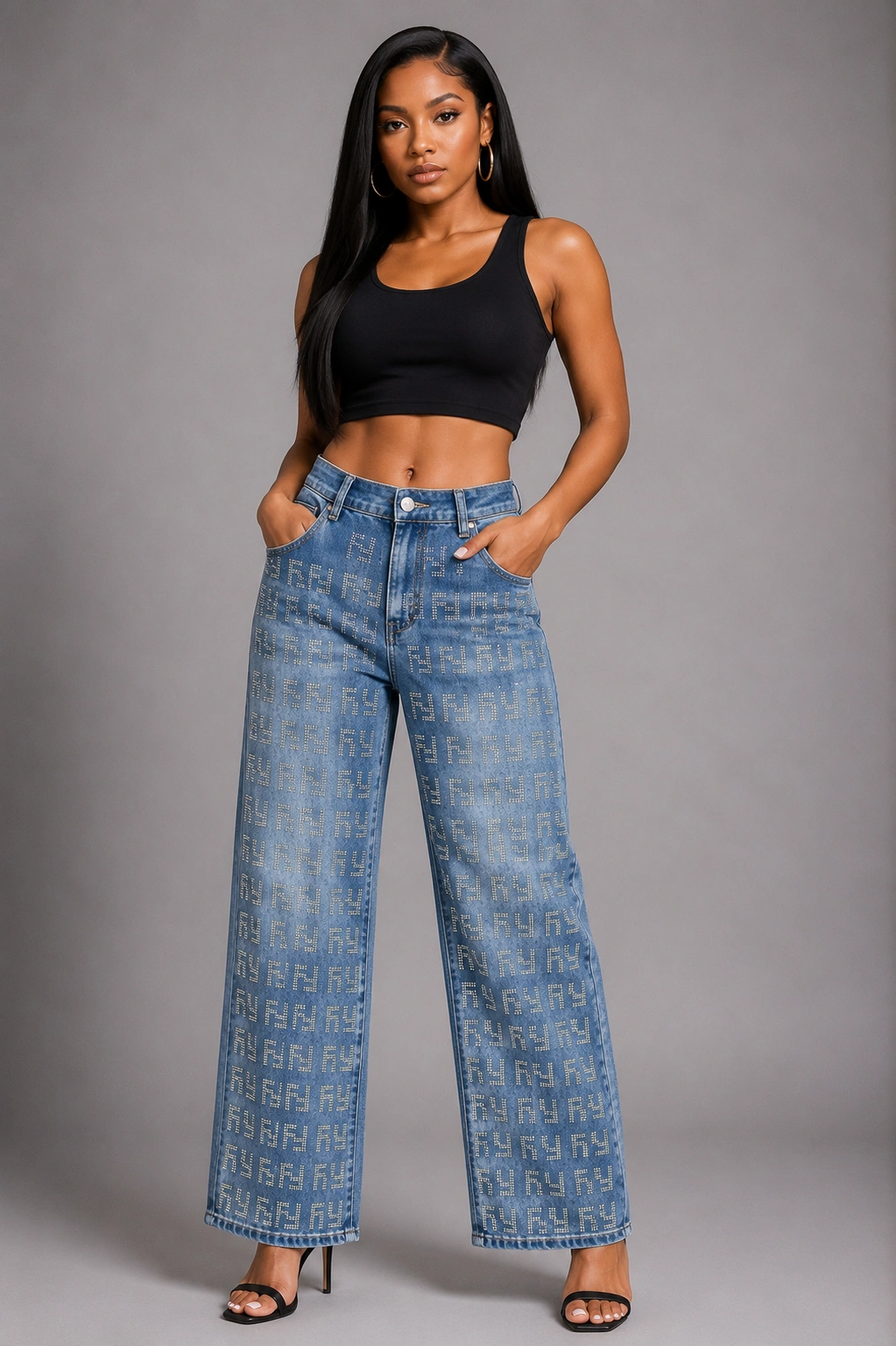 Confident fashion-forward portrait with embellished jeans fashion forward Jean only - Image 1
