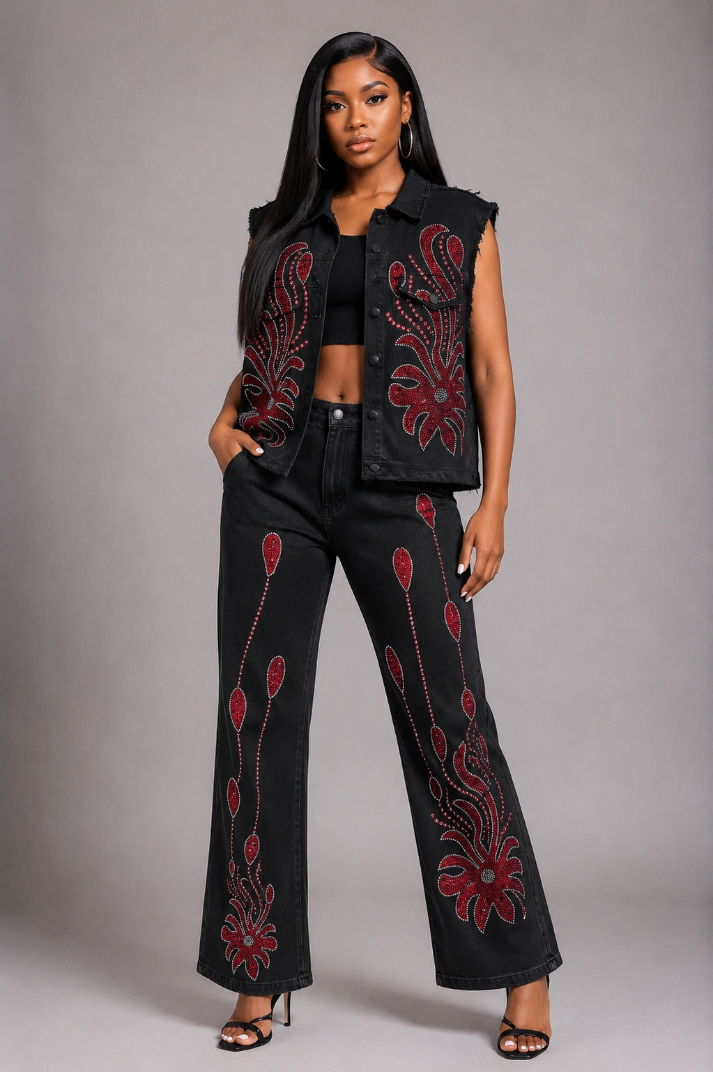 Confident model in embellished black denim Two piece embellished black denim - Image 1