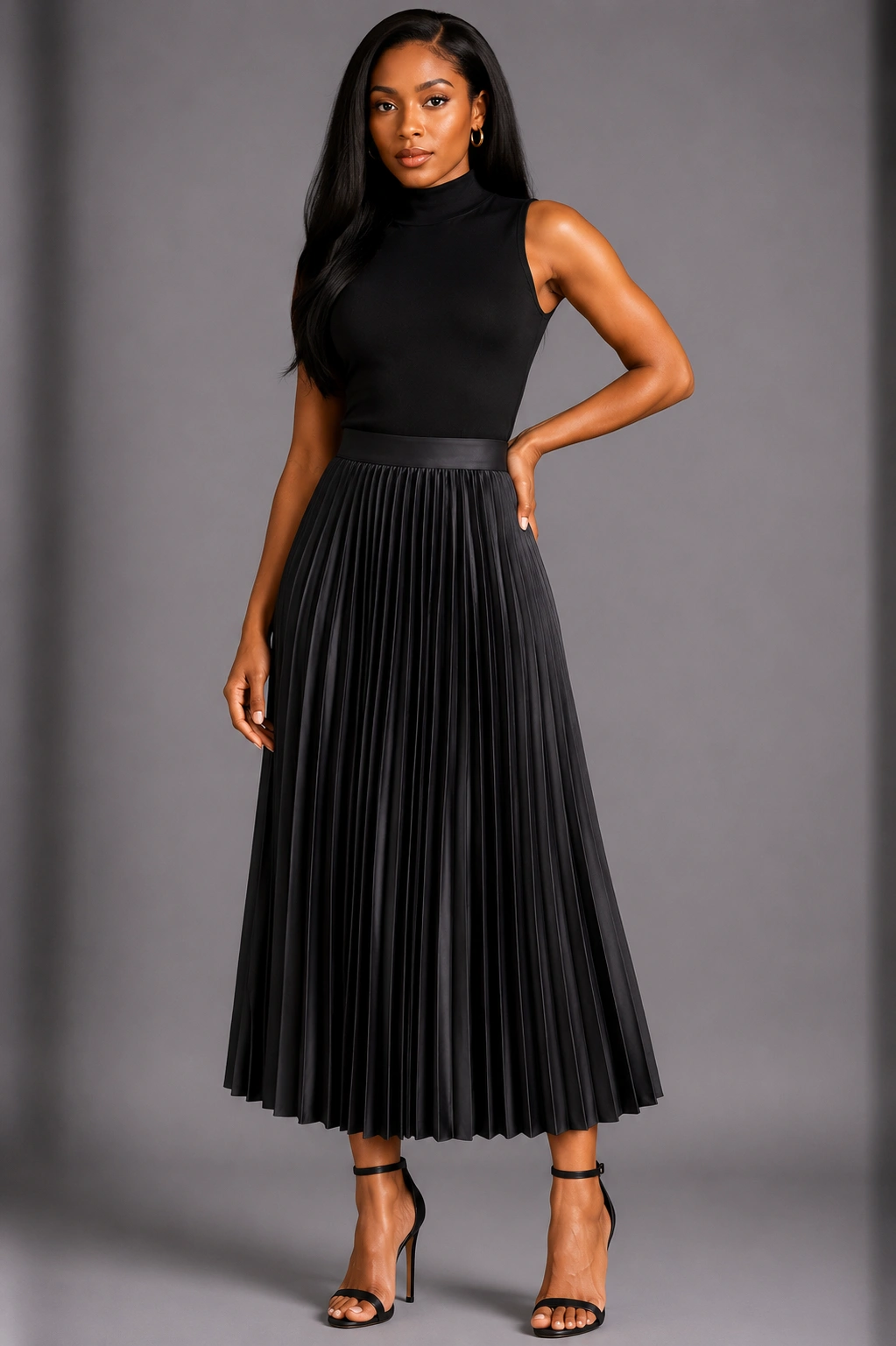Elegant fashion portrait on gray backdrop black pleaded skirt - Image 1