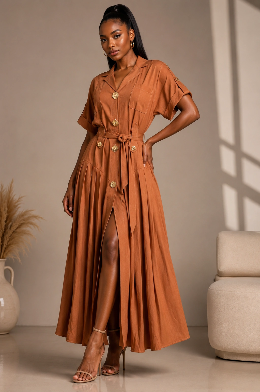 Confident elegance in warm tones Luxury brown gown - Image 1